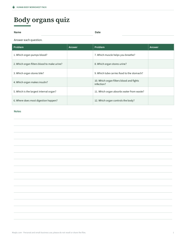 Preview of Printable Body Organs Quiz